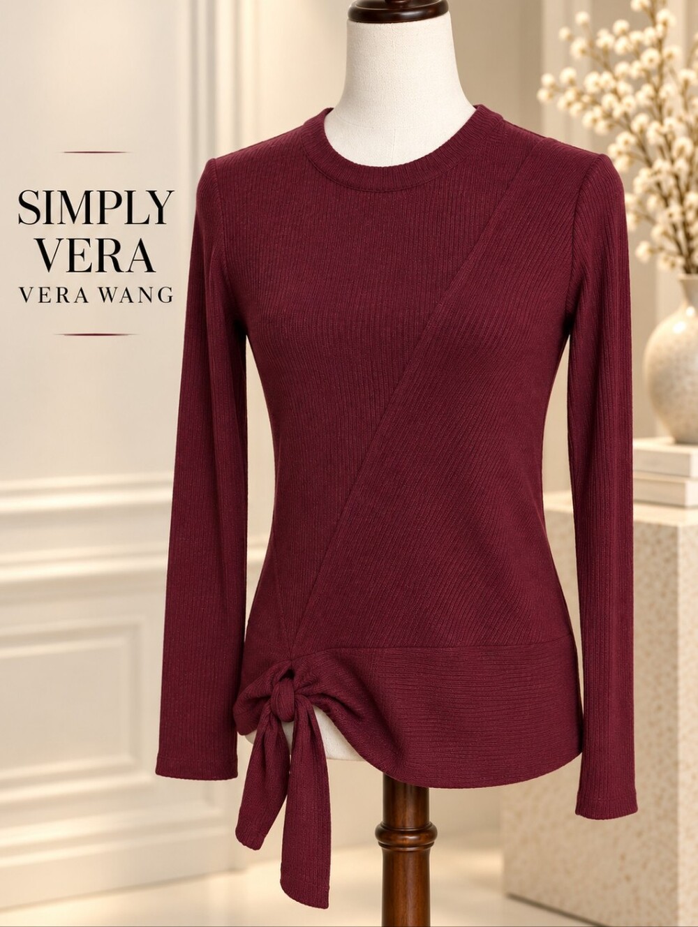 Simply Vera Vera Wang Burgundy Ribbed Tie-Front Top | XS
